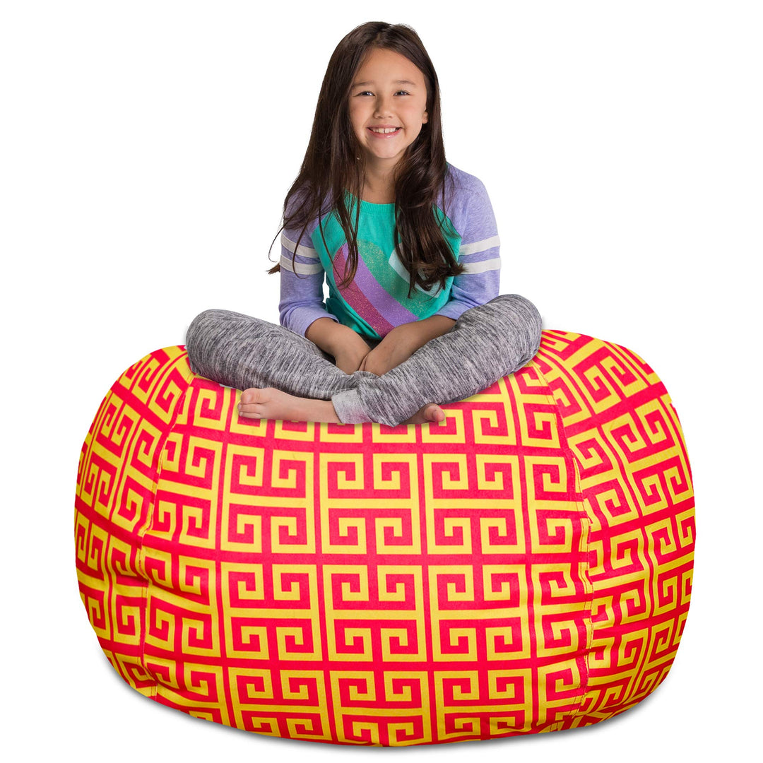 Posh Creations Stuffable Kids Stuffed Animal Storage Bean Bag Chair Cover - 48 Inches Extra Large - Pattern Scrolls Red and Yellow