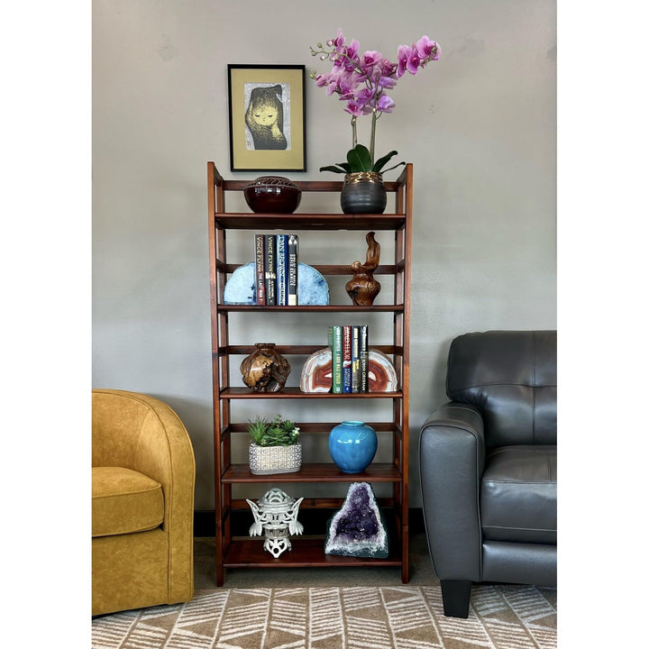 Solid Acacia 5 Tier Folding Bookcase Brown Mid-Century Modern Contemporary Mahogany