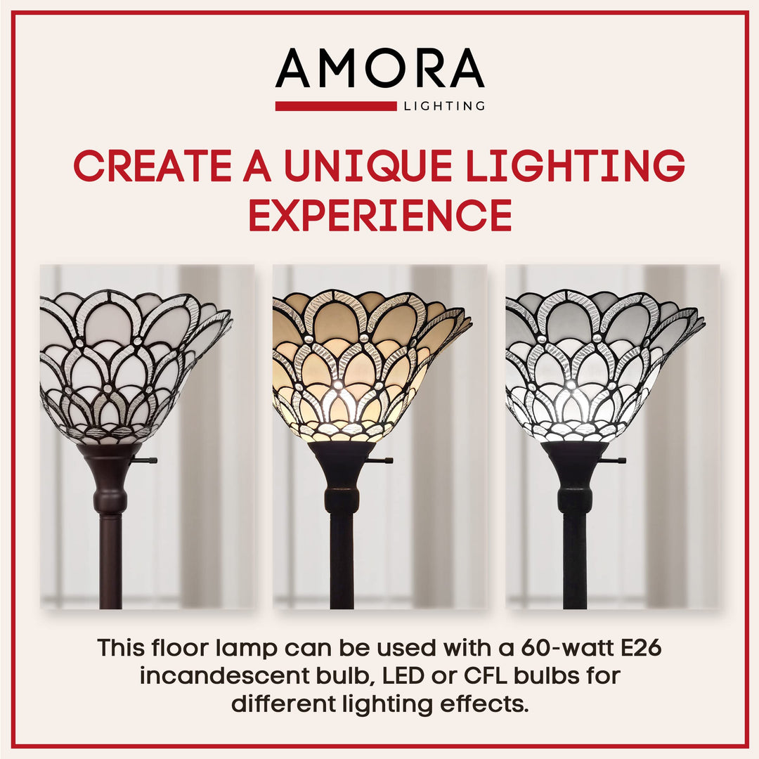 Amora Tiffany Floor Lamp Torchiere - Traditional Style Peacock Design 69” - Diamond Home USA