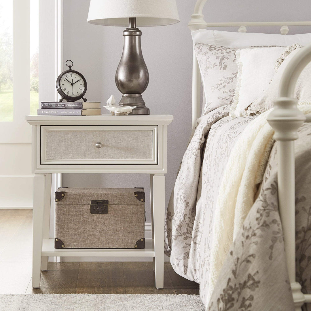 White Finish Beige Linen Drawer Face 1-Drawer Nightstand Americana raditional