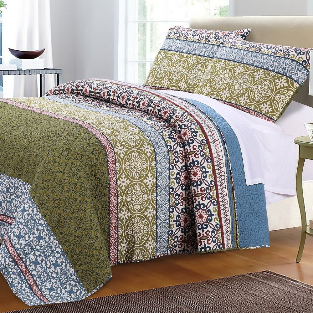 Boho Bohemian Quilt Set with Shams Geometric Pattern Mandala Blue Green 100 King - Cal King - 3 Piece