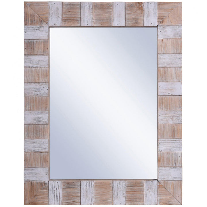 Rectangular Wood Striped Mirror Natural White Wash Finish Brown Modern