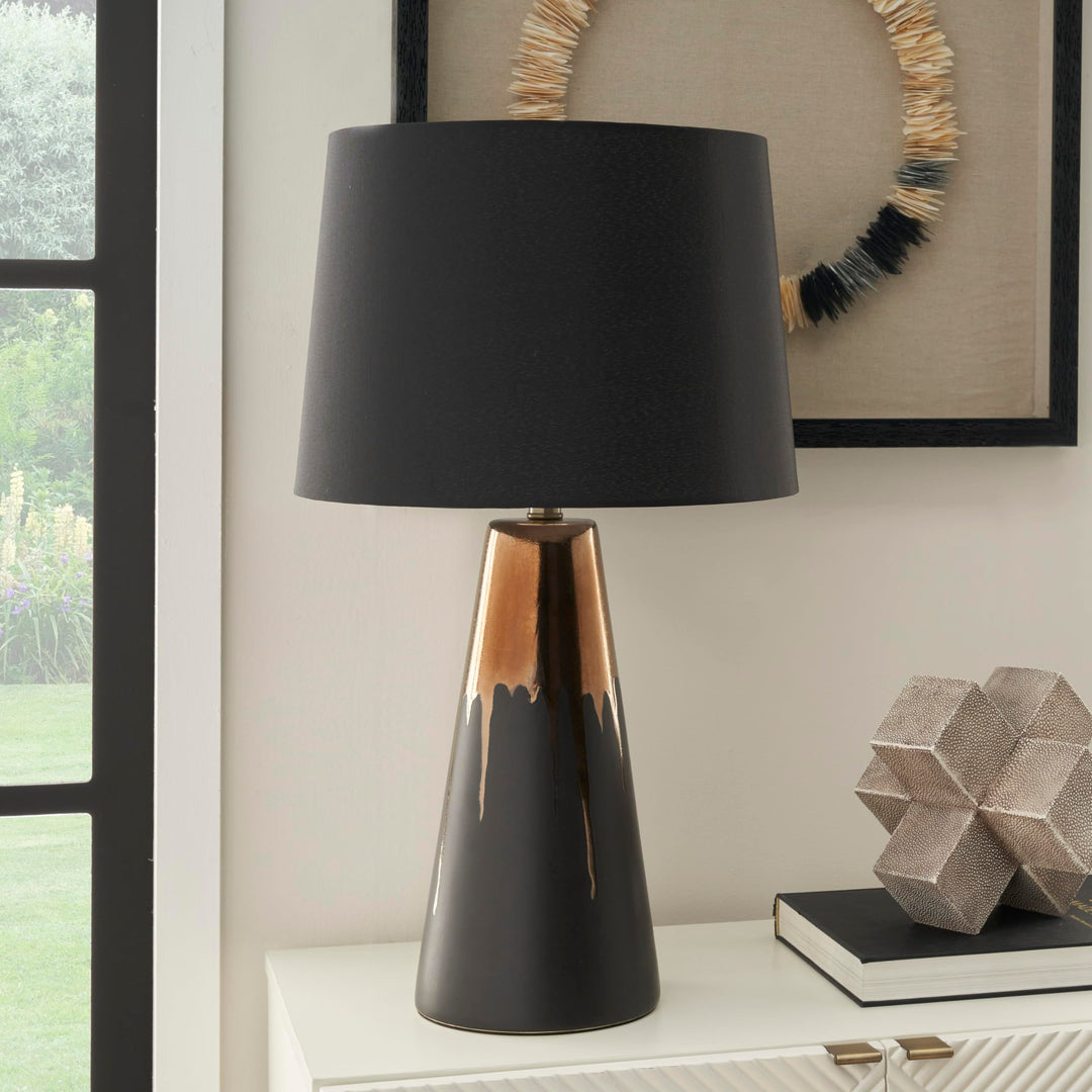 Nourison 27" Black & Gold Paint Drip Ceramic Table Lamp for Bedroom Living