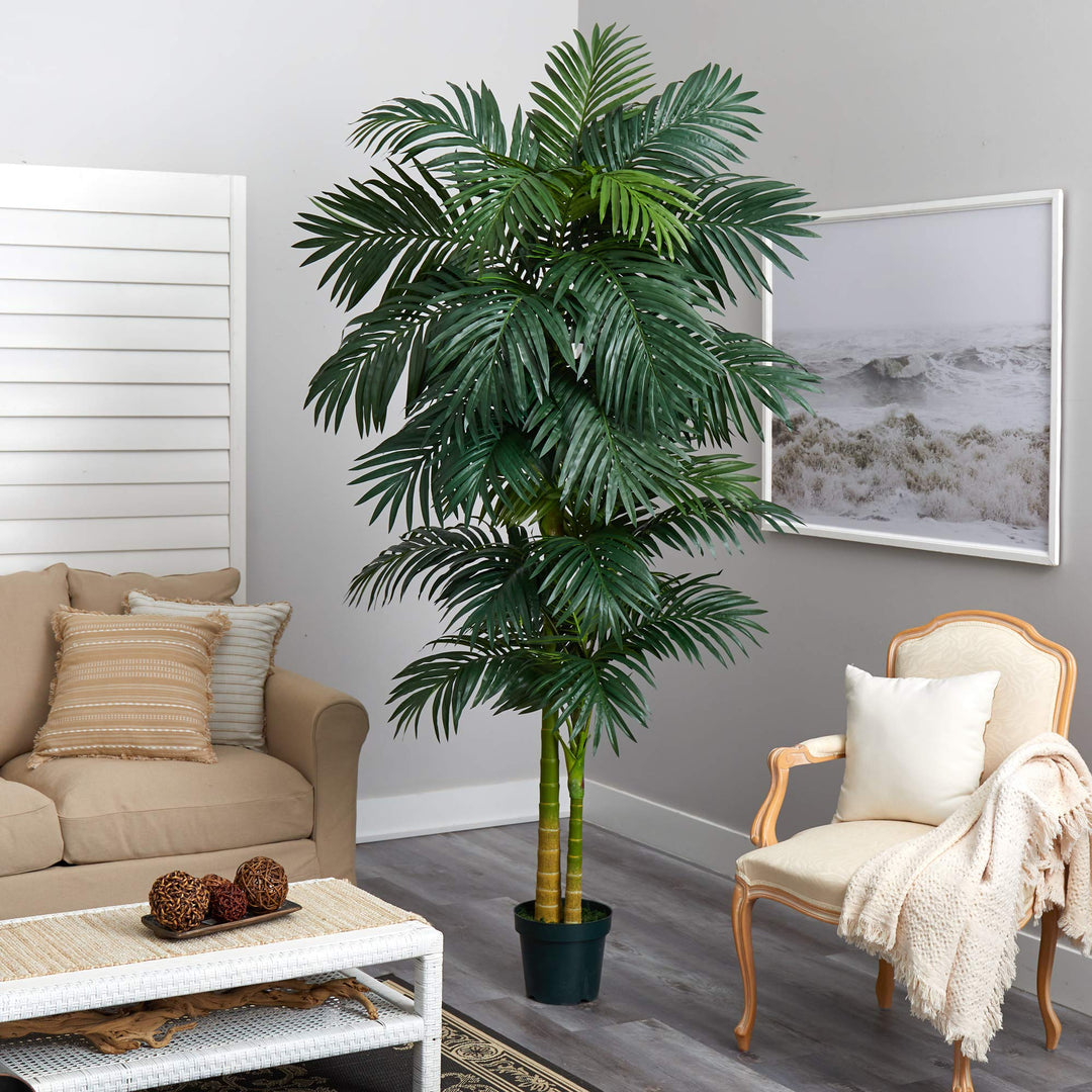 Nearly Natural 8FT Artificial Golden Cane Palm Tree Fake Palm Tree with Two