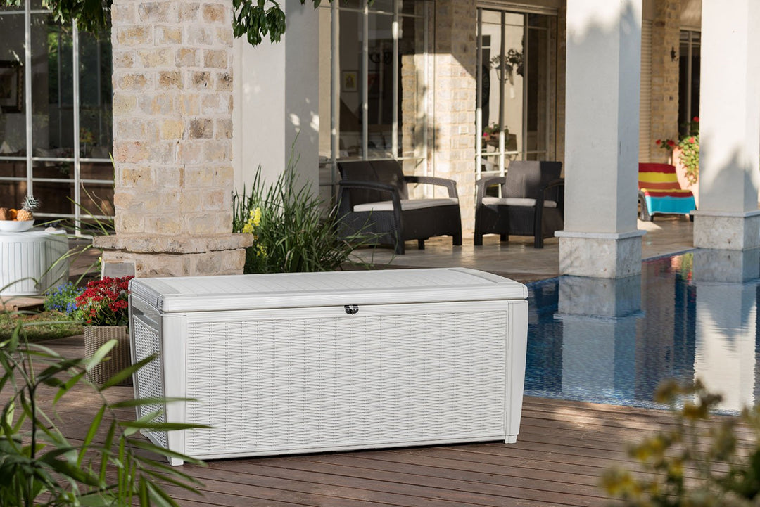 Keter Sumatra 135 Gallon Resin Rattan Look Outdoor Deck Box for Patio White