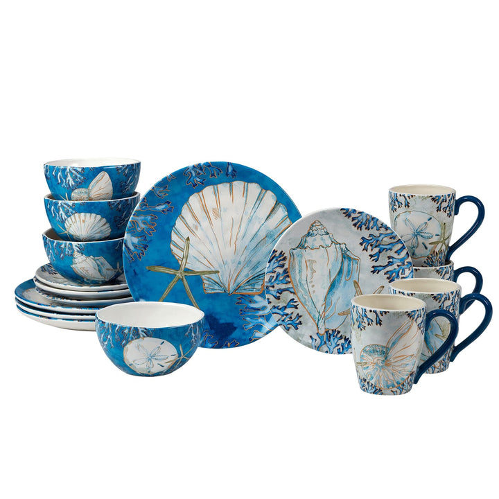 Shells 16-Piece Dinnerware Set Service for 4 Blue Gold White Coastal Casual