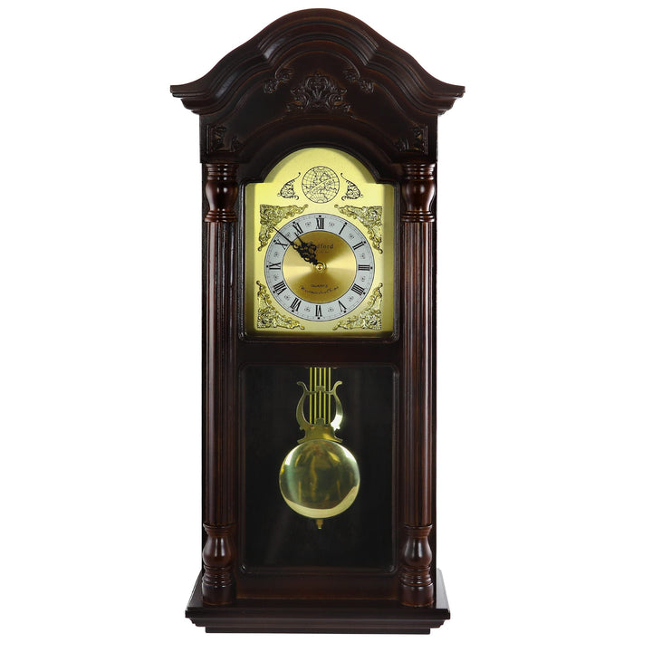 25.5 Inch Mahogany Cherry Oak Wall Clock with Chimes Brown Wood Finish - Diamond Home USA