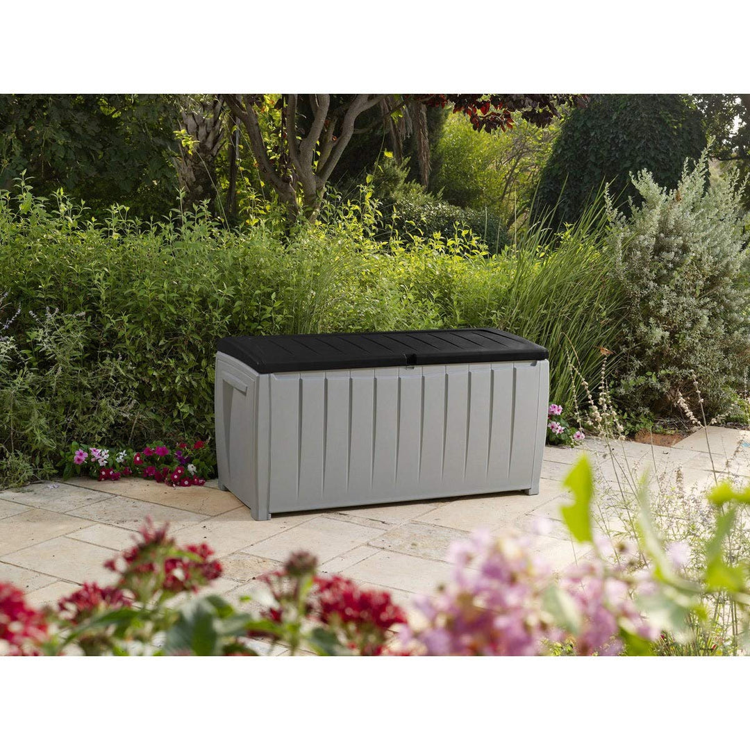 Novel 90 Gallon Black And Grey Plastic Deck Storage Box Lockable Water Resistant