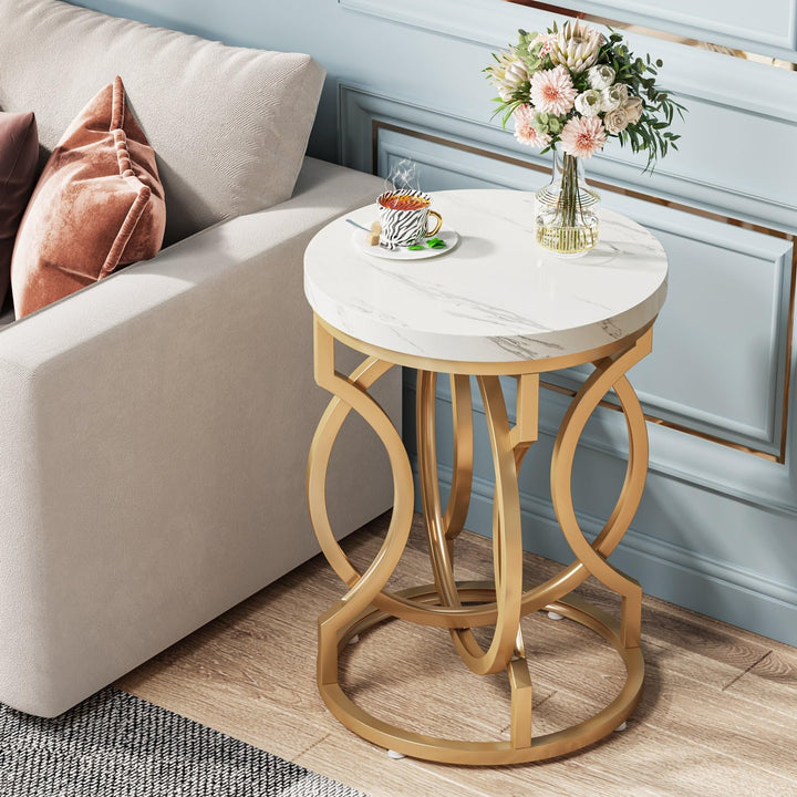 Gold End Table Round Side with Marble Top Mid-Century Modern Contemporary Iron