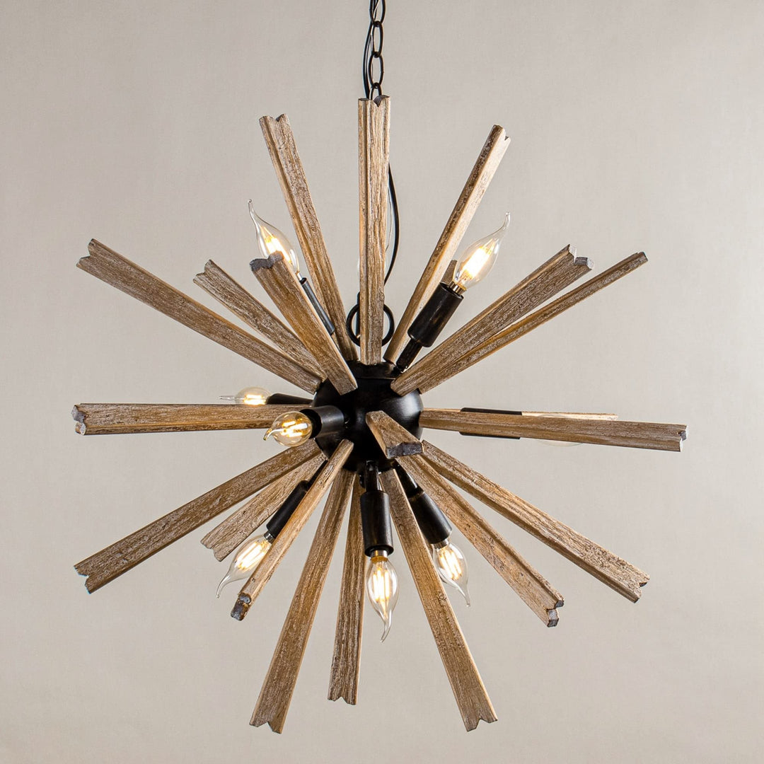 27" Farmhouse Wooden 9-light Sputnik Chandelier Brown Bohemian Eclectic - Diamond Home USA