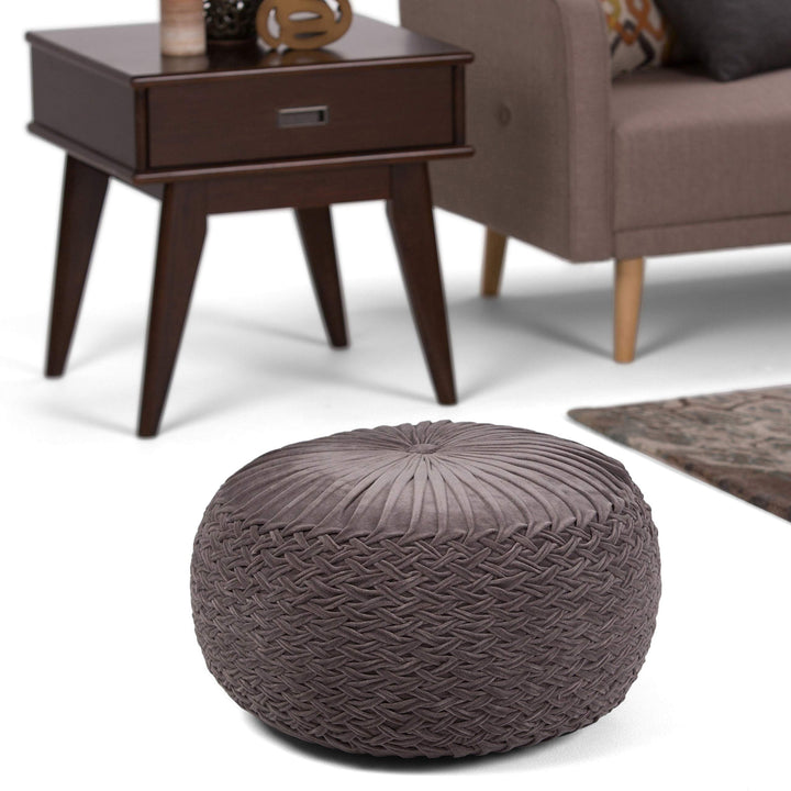 Transitional Round Pouf in Grey Velvet Traditional Solid Cotton Handmade