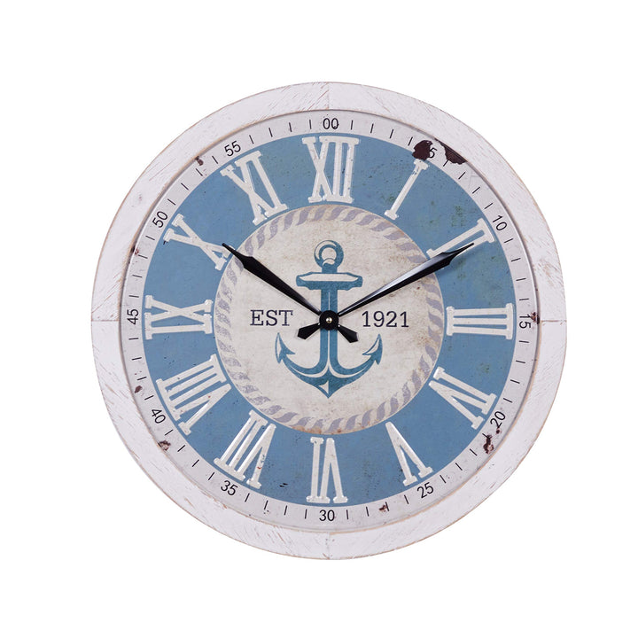 Large Round Blue and White Anchor Wood Wall Clock with Distressed Rim 3.75" X