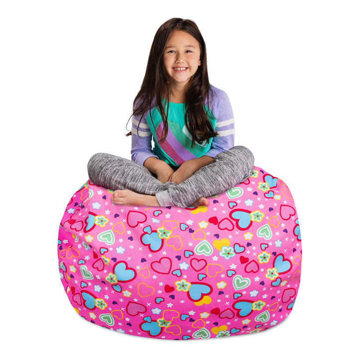 Posh Stuffable Kids Stuffed Animal Storage Bean Bag Chair Cover - Childrens 38 Inches Large - Canvas Multi-colored Hearts on Pink