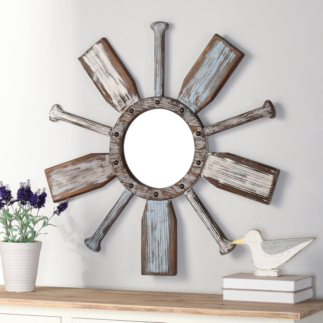 Weathered Boat Paddle Wall Mirror White Blue Finish Nautical Coastal Includes