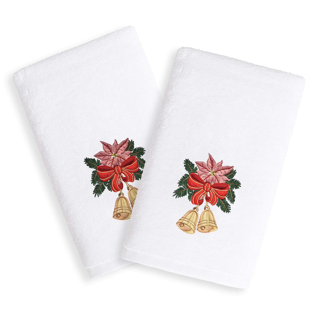 Christmas Bells Embroidered White Turkish Cotton Hand Towels (Set of 2) Green