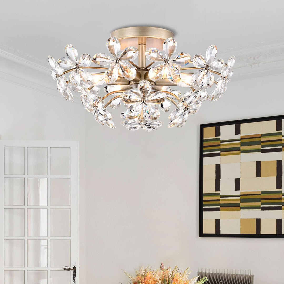 6-light Brushed Silver-ish Champagne Flower Crystal Flush Mount Modern