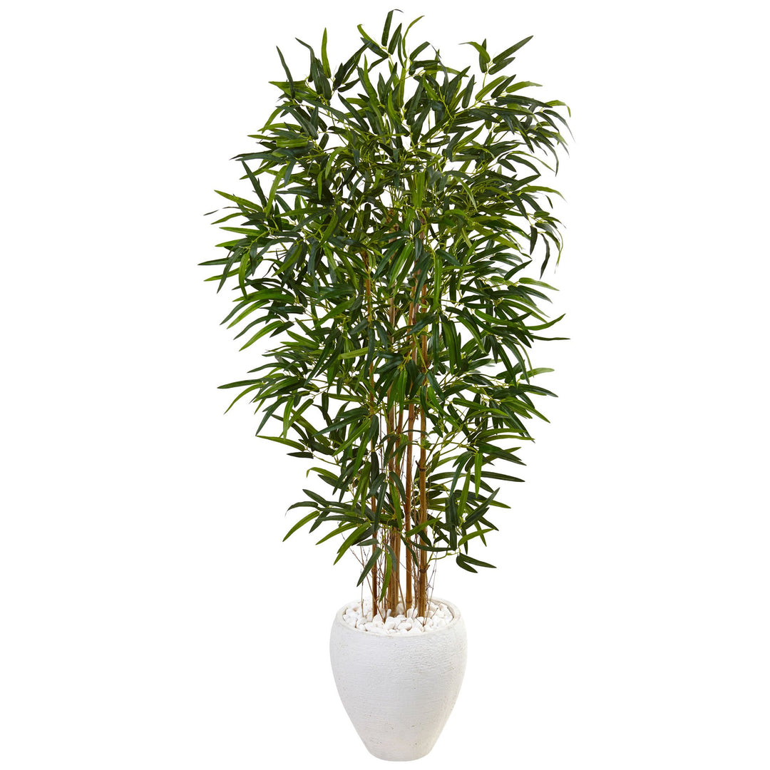 Nearly Natural 5ft. Bamboo Artificial Tree in Oval White Planter