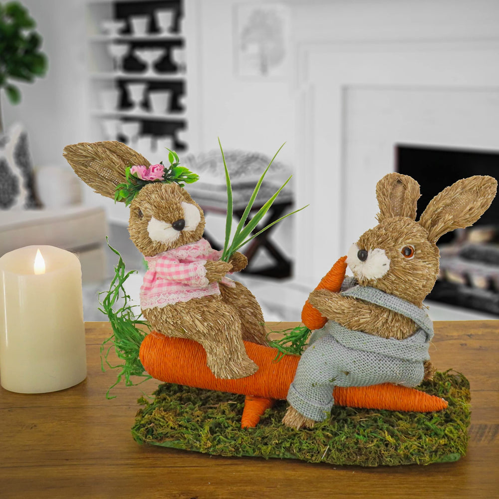 14" Two Easter Bunnies On Carrot Seesaw 14 in Brown Traditional Plastic Handmade - Diamond Home USA