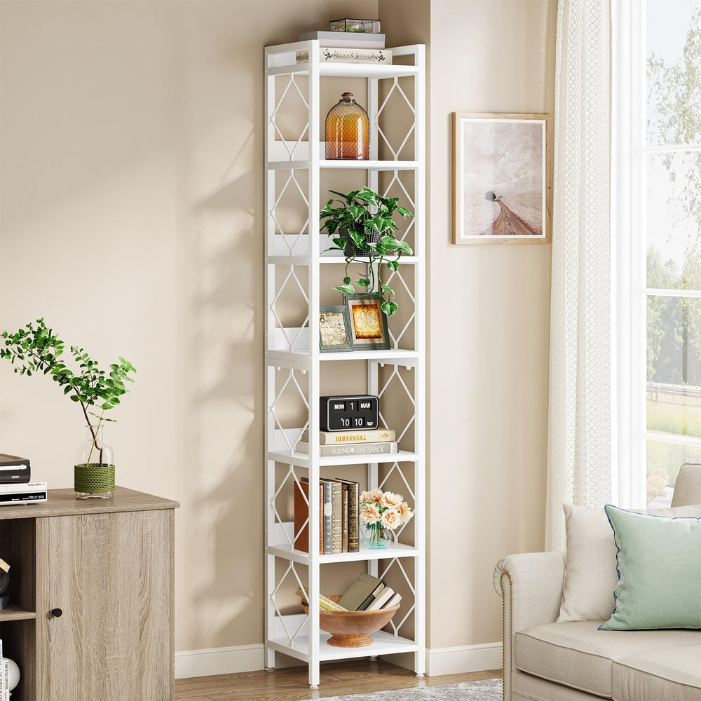 78.7" White Bookshelf 7 Tier Tall Skinny Bookcase Freestanding Narrow Display - Diamond Home USA