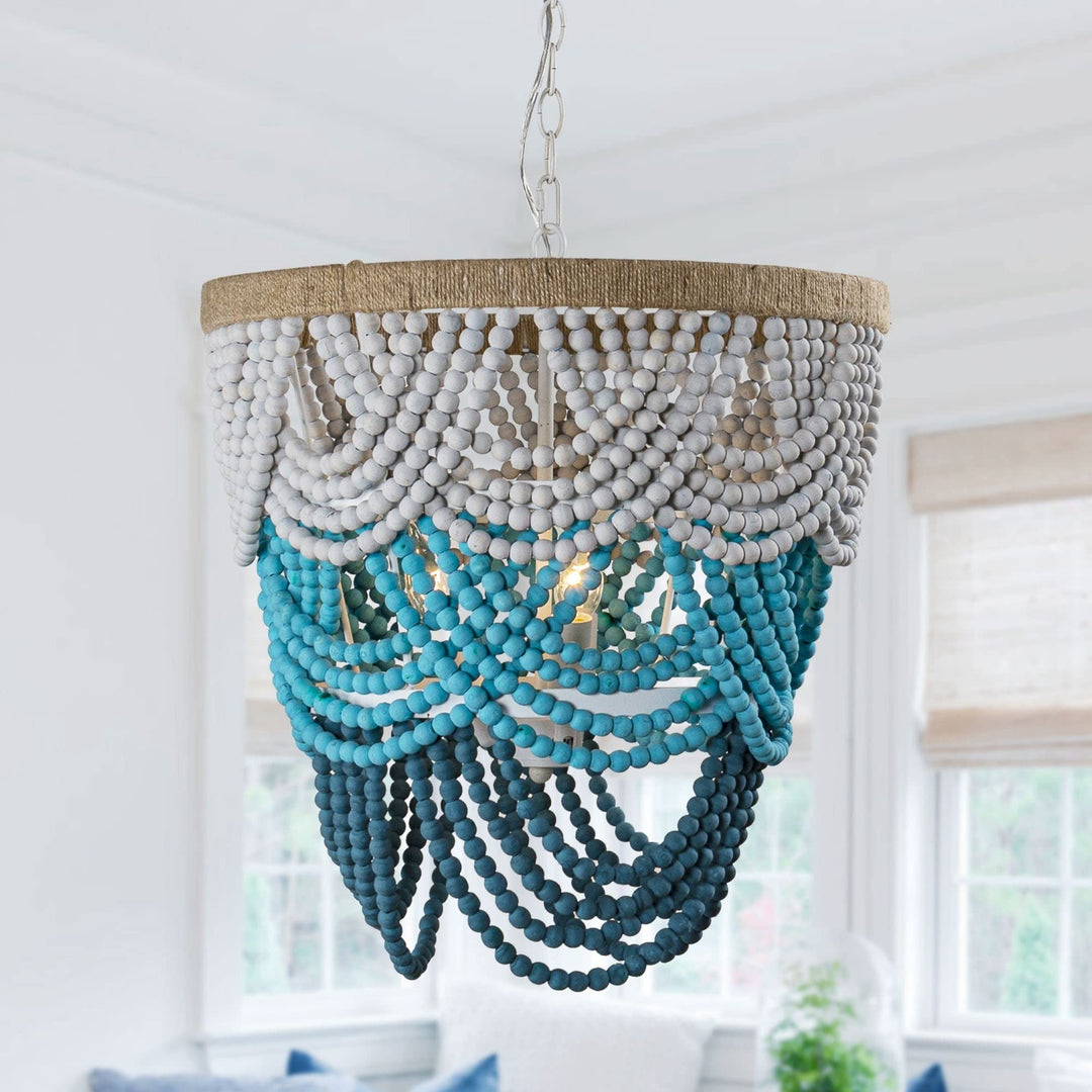 Farmhouse Blue/White Layered Wood Beaded 4-light Chandelier Blue Bohemian