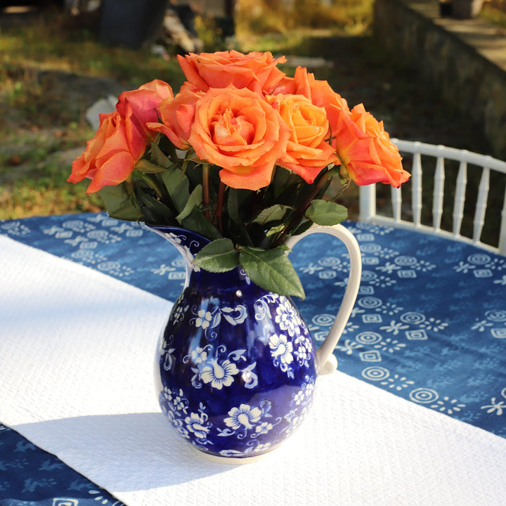 Euro Blue Garden Stoneware Hand-Painted 2.7 Lt Pitcher with Handle 8.7 X 7.1