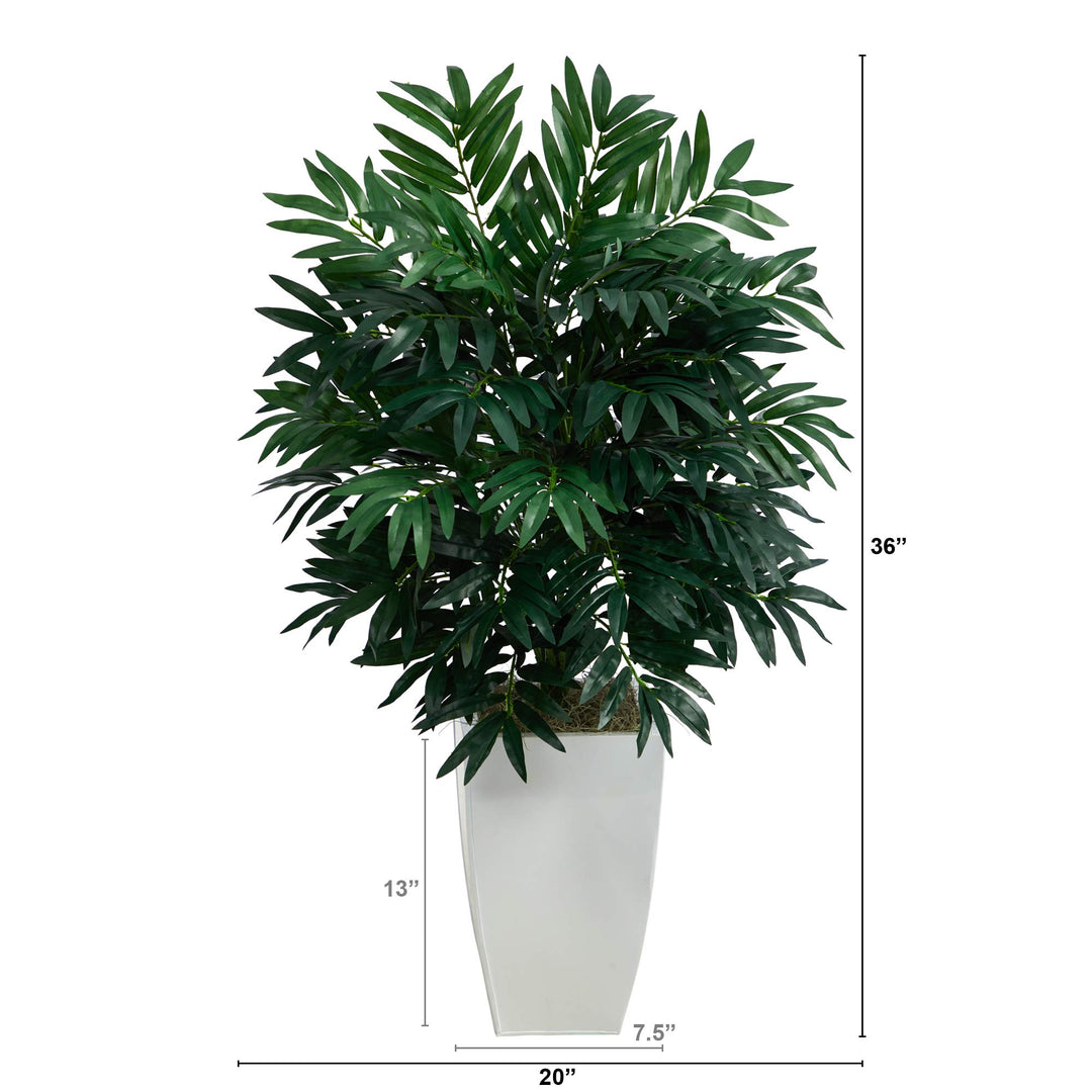 Nearly Natural 3ft. Bamboo Palm Artificial Plant in White Metal Planter