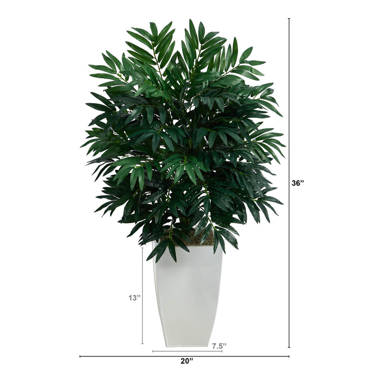 Nearly Natural 3ft. Bamboo Palm Artificial Plant in White Metal Planter