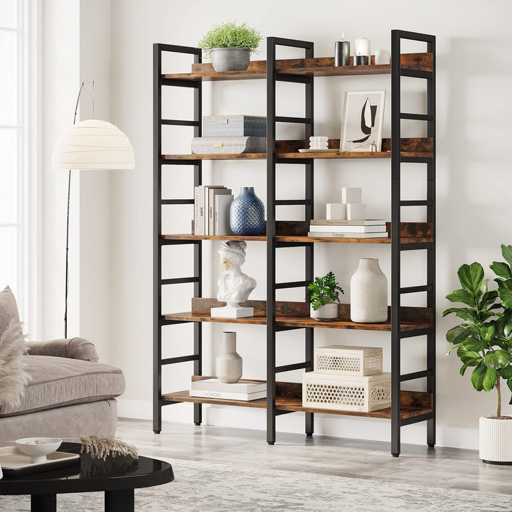 Double Wide Bookshelf 5-Tier Industrial Bookcase Free Standing Tall Book Shelf