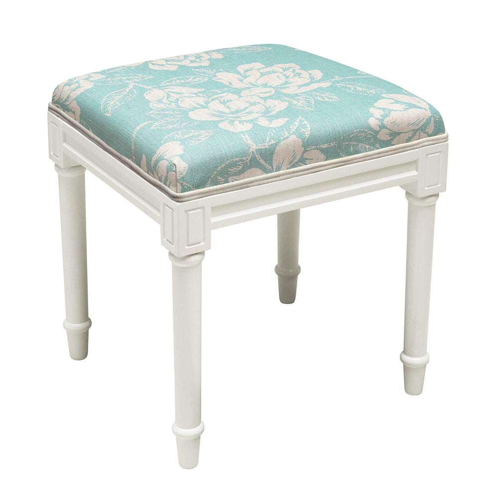 Aqua Magnolia Vanity Stool with White Frame Blue Floral Transitional Pattern - Diamond Home USA