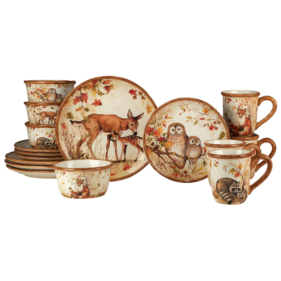 Pine Forest 16 Pc Dinnerware Set Service for 4 Beige Brown Multi lor Animal