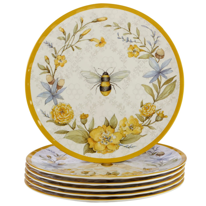 Bee Sweet 11" Dinner Plate Set Of 6 Dia Multi Color Off/White Yellow Floral