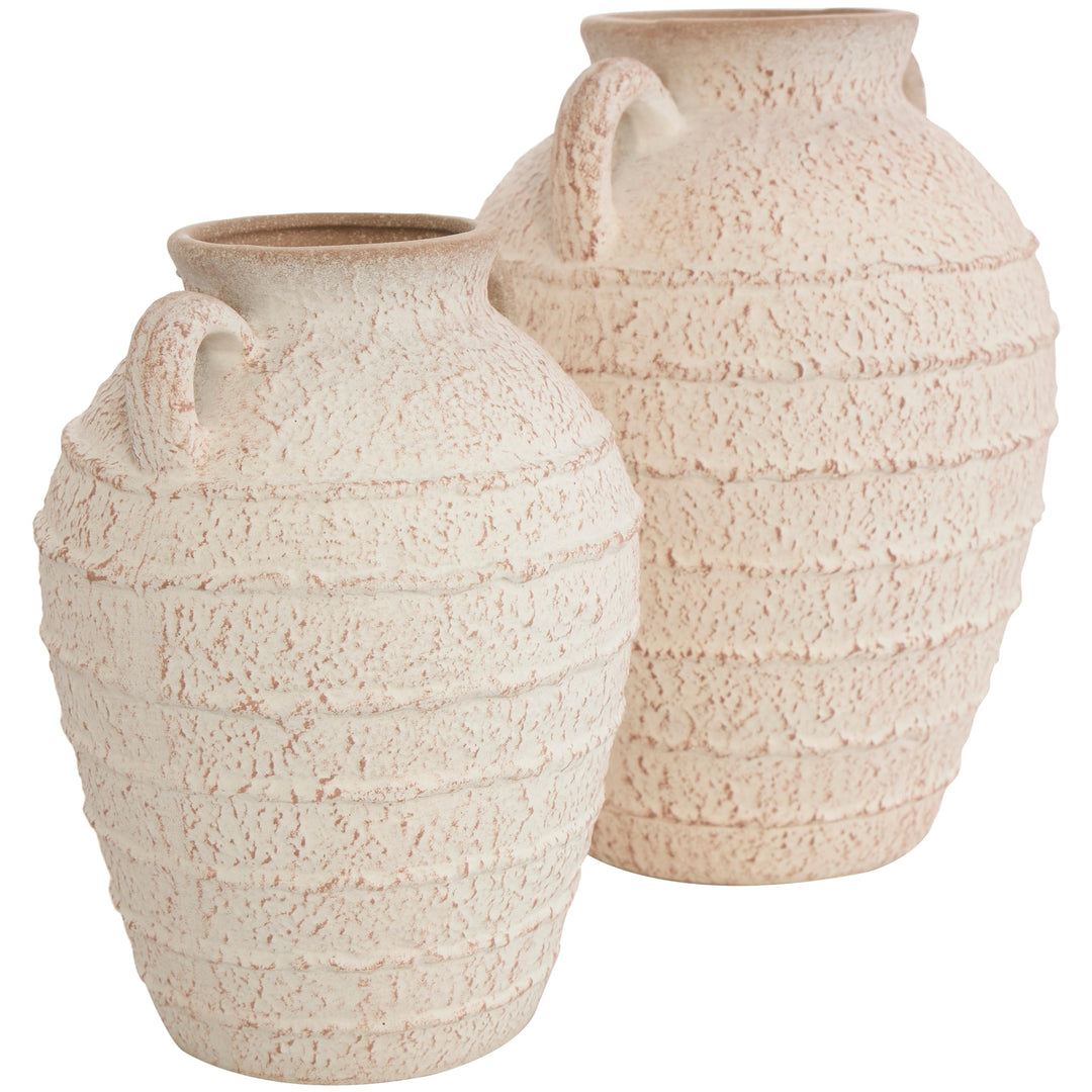 Cream Ceramic Textured Vase with Handles and Terracotta Accents (Set of 2)