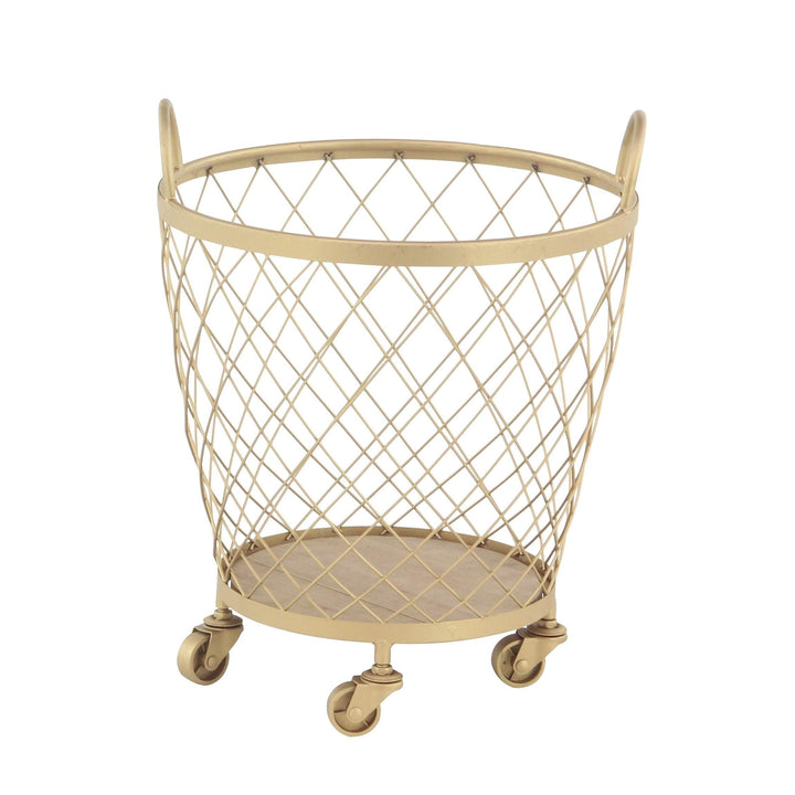 Set of 2 Modern Diamond-Weave Round Iron Baskets with Wheels Gold