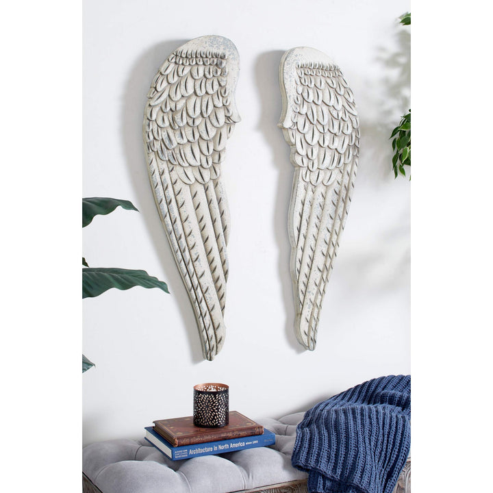 Large Distressed White Angel Wings Wood Wall Art Set Of 2 13" X 40.50" Each