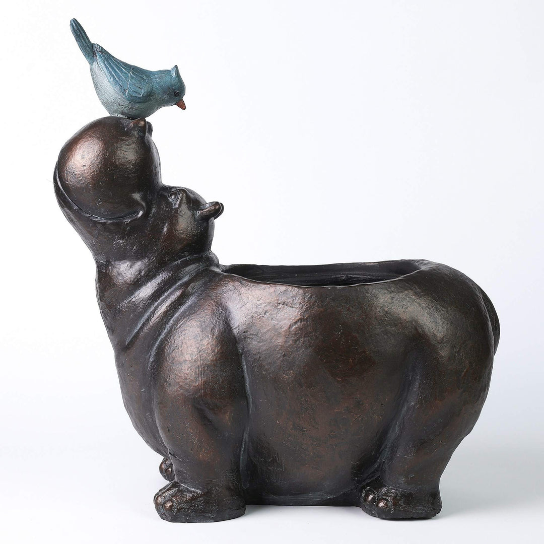 Brown Hippo Planter Wildlife Floral Decor Hippopotamus and Blue Bird Flower