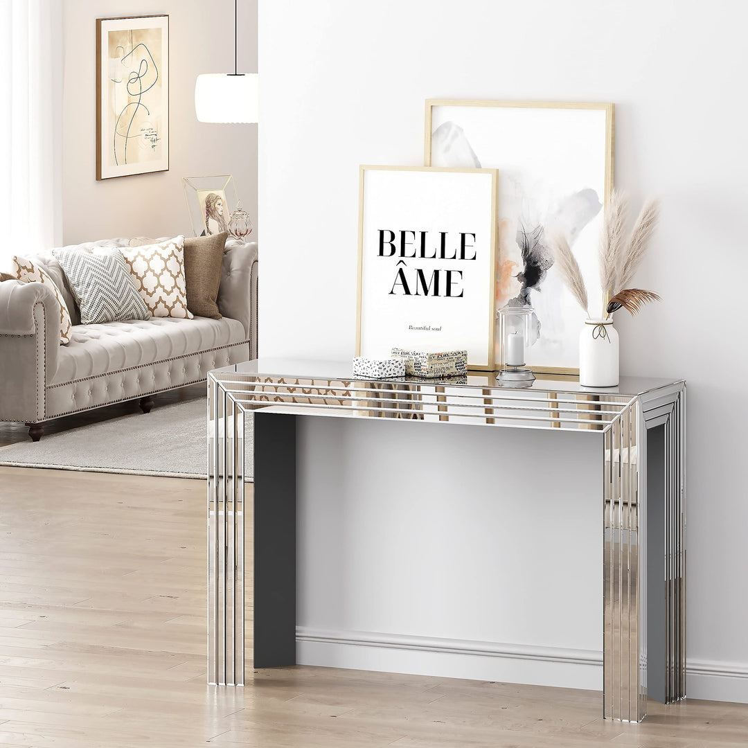 Mirrored Console Table Silver Entryway Clear Glam Contemporary Rectangular Glass