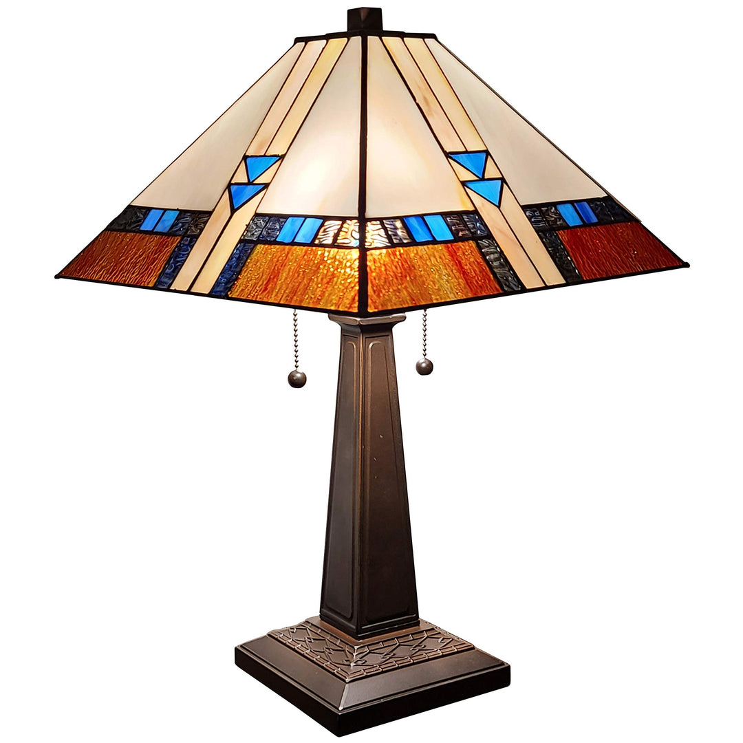 Tiffany Style Table Lamp Mission 23" Tall Stained Glass Blue White Brown Vintage Multi-colored