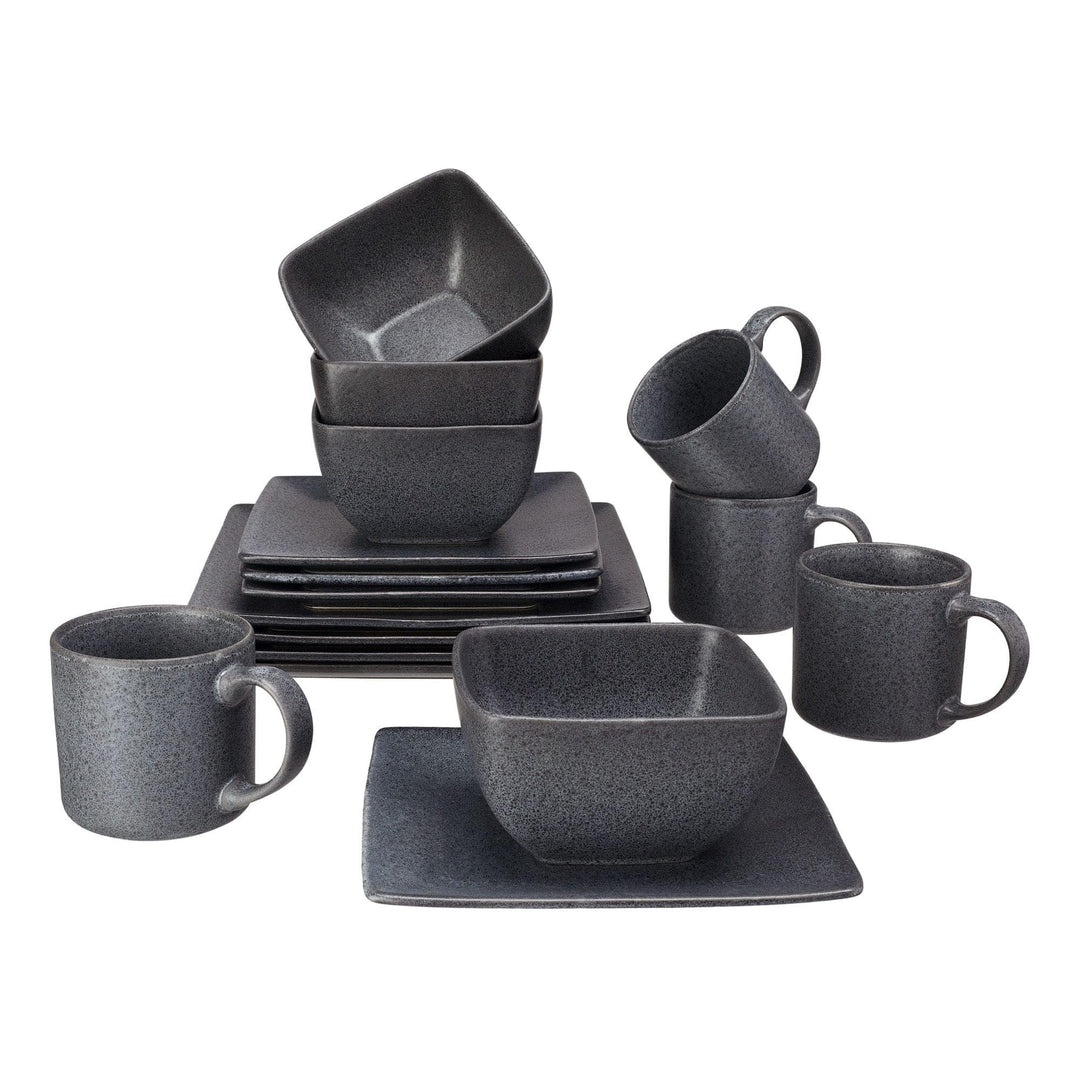 Square-shaped 16-piece Stoneware Dinnerware Set Grey Solid Modern Contemporary