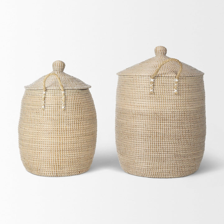 Set of 2 Seagrass Floor Baskets W/Lids and dles 20.9l X 20.9w 29.9h Beige