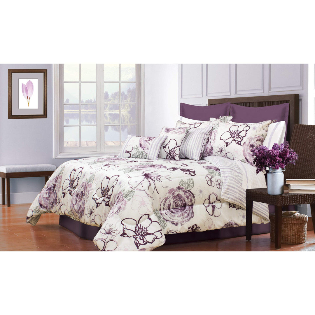 7 Piece Purple Sage Boho Comforter King Set Ivory Floral Bedding Abstract Multi-Color - King