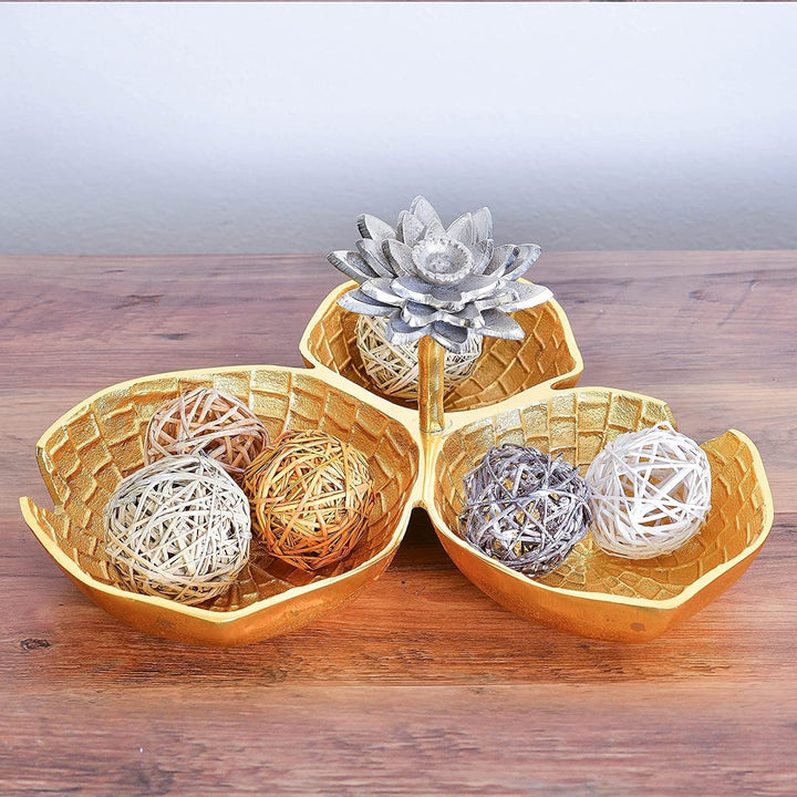 Inspired Gold Decorative Bowl With ilver Lotus Flower Three ectional Elegant