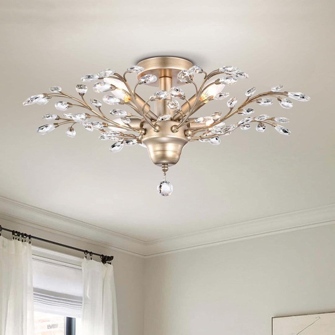 The Lighting Store Holly 4-Light Brushed Champagne Silver Crystal Leaves Flush