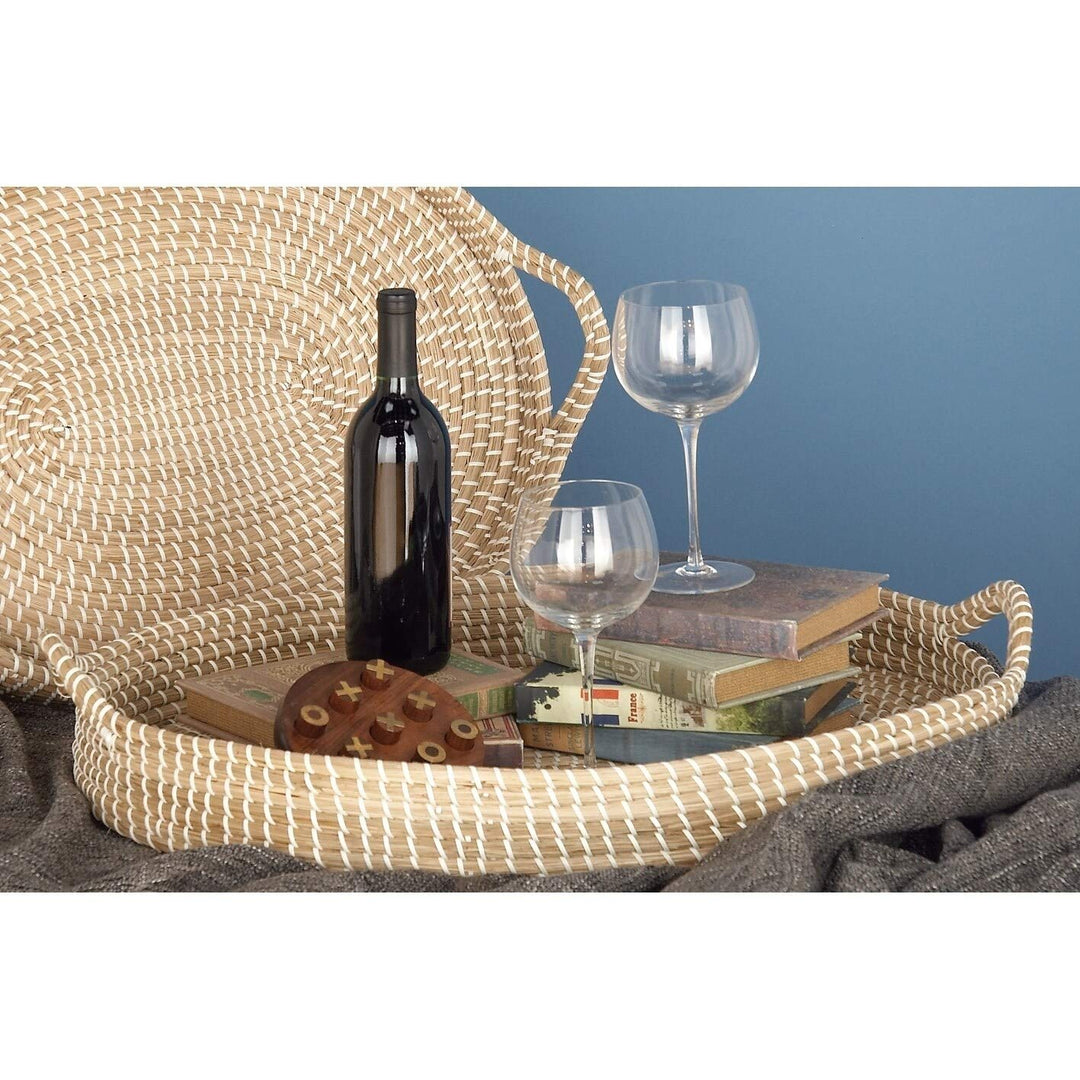 2-Piece Round Seagrass Tray Set Brown Bohemian Eclectic Natural Fiber