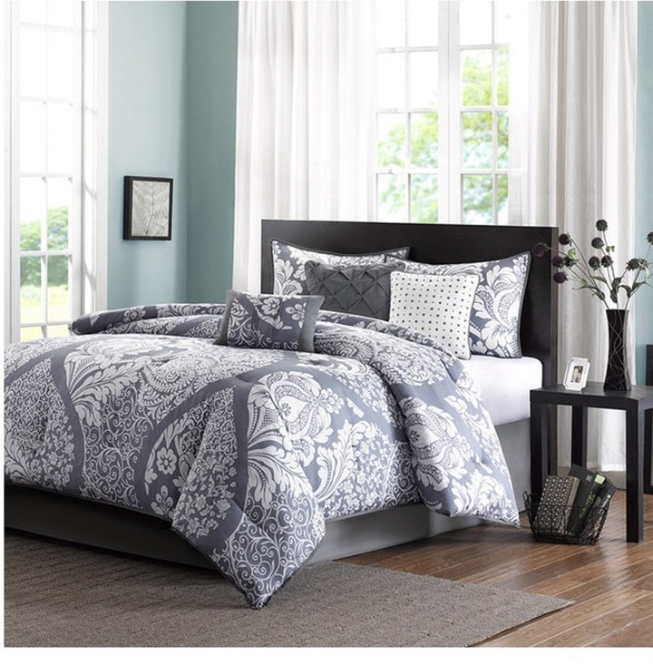 7 Piece Unique Floral Damask Pattern Comforter Set King Size Featuring