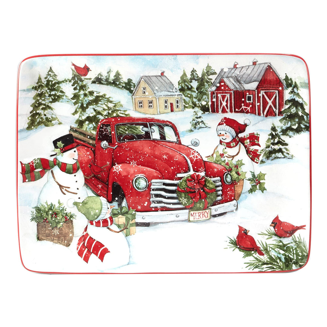 Red Truck Snowman Rectangular Platter 16" X 12" Multi Color White Casual