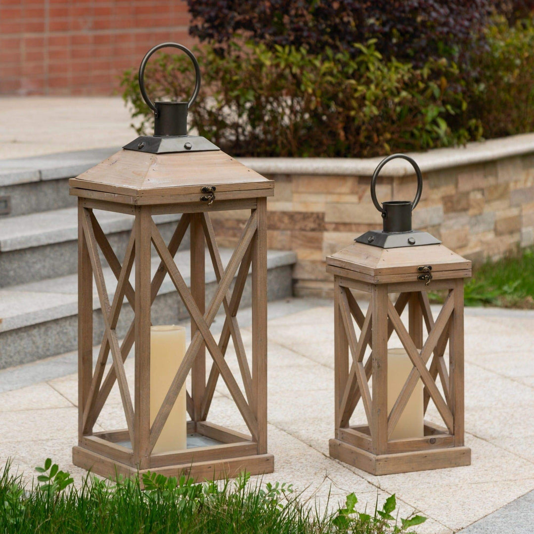 Set of 2 Modern Farmhouse Wooden Lantern Brown Contemporary Iron Wood Finish Natural