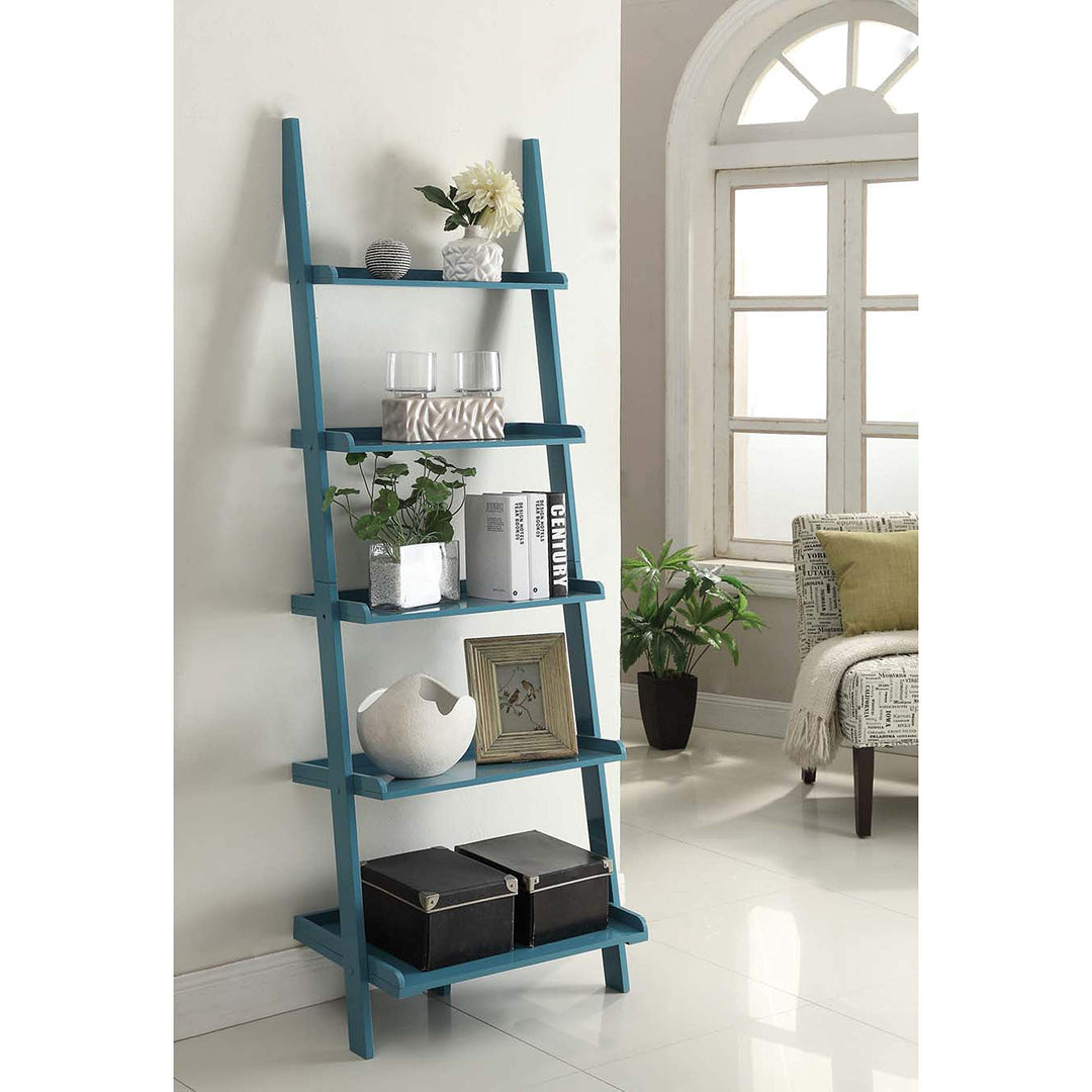 6ft Turquoise Blue Leaning Bookcase Ladder Shelf Wood 5 Tier Bookshelf Tilted