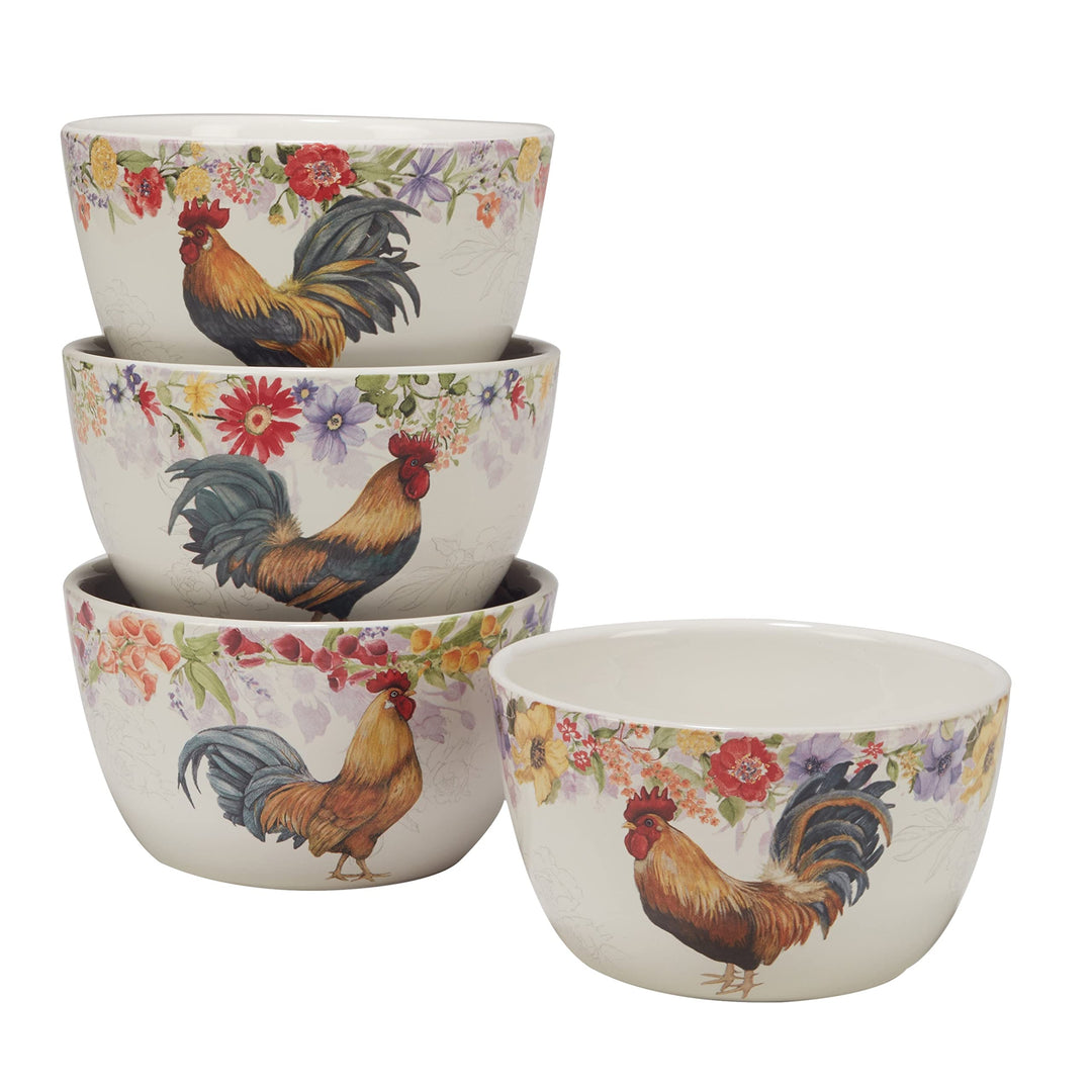 Floral Rooster 24 Oz. Ice Cream/dessert Bowls Set Of 4 Assorted Designs Oz.