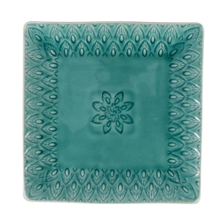 Peacock 11.5 Inch Square Serving Platter In Lagoon Green Solid Modern