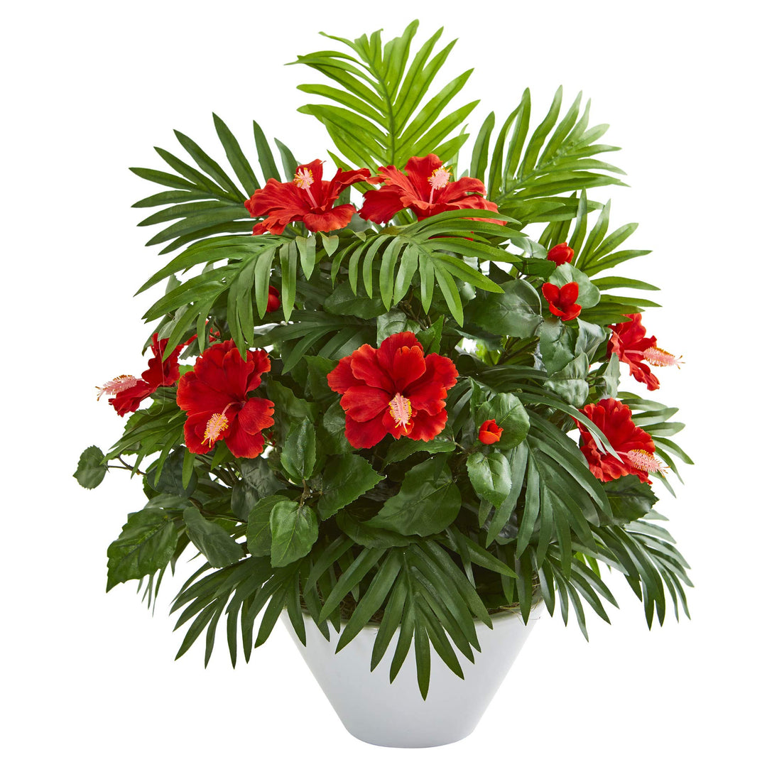 Nearly Natural Hibiscus and Areca Palm Artificial White Bowl Silk Plants Red